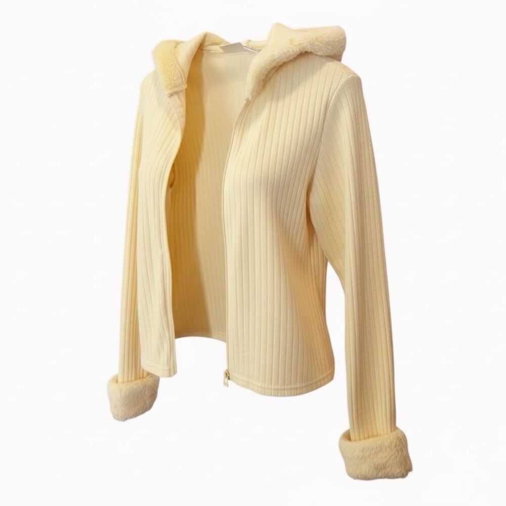 Vintage Y2K Fashion Bug Ribbed Zip Up Hoodie Faux Fur Trim Soft Girl Cozy Med